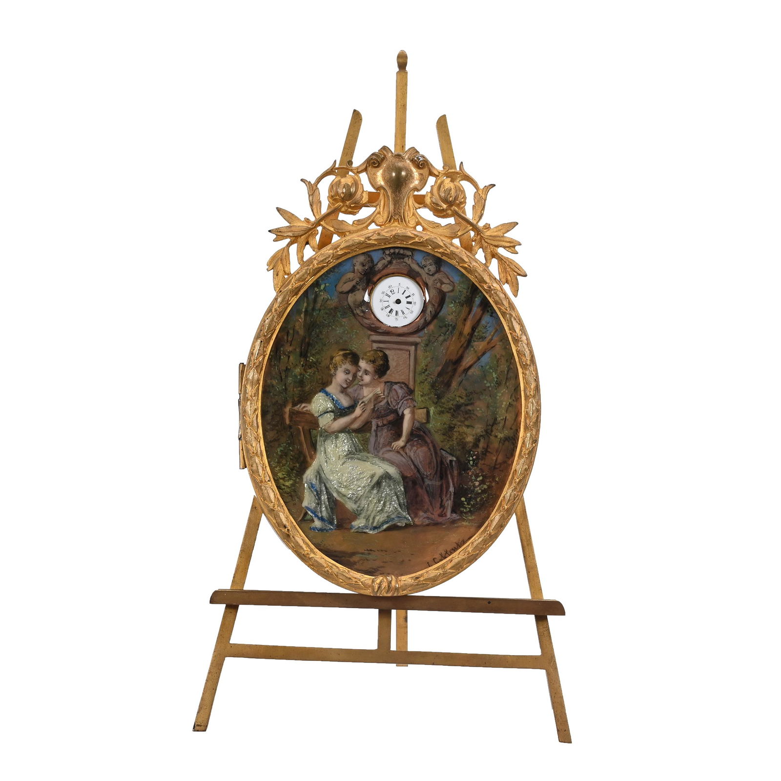 Oval Clock/Scenic Portrait On Easel, French Enamel (1 of 5)