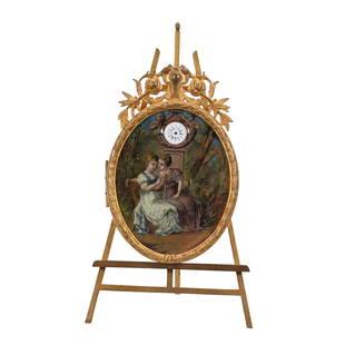 Oval Clock/Scenic Portrait On Easel, French Enamel: Oval Clock/Scenic Portrait On Easel, French Enamel, 9.5" x 5", Fully Brass Framed, Enamel On Copper, Scene Of Two Women At Bench Below Clock, French Enamel Scene Is Artist Signed, Clock Case Opens On