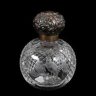 Cologne Bottle, Brilliant Period Cut Glass: Cologne Bottle, Brilliant Period Cut Glass, 4.75" x 3.5", Beautiful Crosscut Diamond Design With Medallion Engraved Scene Of Two Birds On Branch, Embossed English Hallmark Silver, Estate Of Dr. Barry