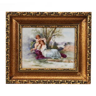 Porcelain Plaque Marked W.G. Limoges, Hand Painted: Porcelain Plaque Marked W.G. Limoges, Hand Painted, 4.25" x 5.5", Scene Of Woman And Cherub, Mounted In Modern 7" x 8" Gilt Wooden Frame, Estate Of Dr. Barry and Dee Free.