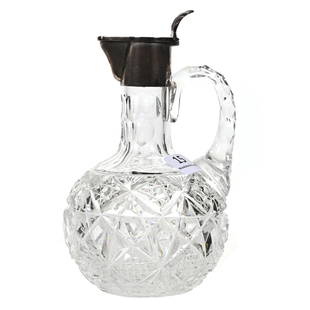 Cruet Bottle, American Brilliant Cut Glass: Cruet Bottle, American Brilliant Cut Glass, 6" x 3.5", Hobstar, Diamond And Clear Kite Motif, Triple Notched Handle, Ray Cut Base, Hallmarked Silver Spout, Estate Of Dr. Barry and Dee Free.