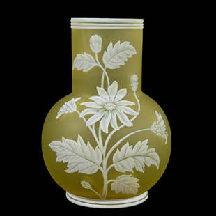 Vase, Unmarked English Cameo Art Glass: Vase, Unmarked English Cameo Art Glass, 5" x 3.5", Yellow Ground, White Cameo Carved Floral Overlay, Estate Of Dr. Barry and Dee Free.