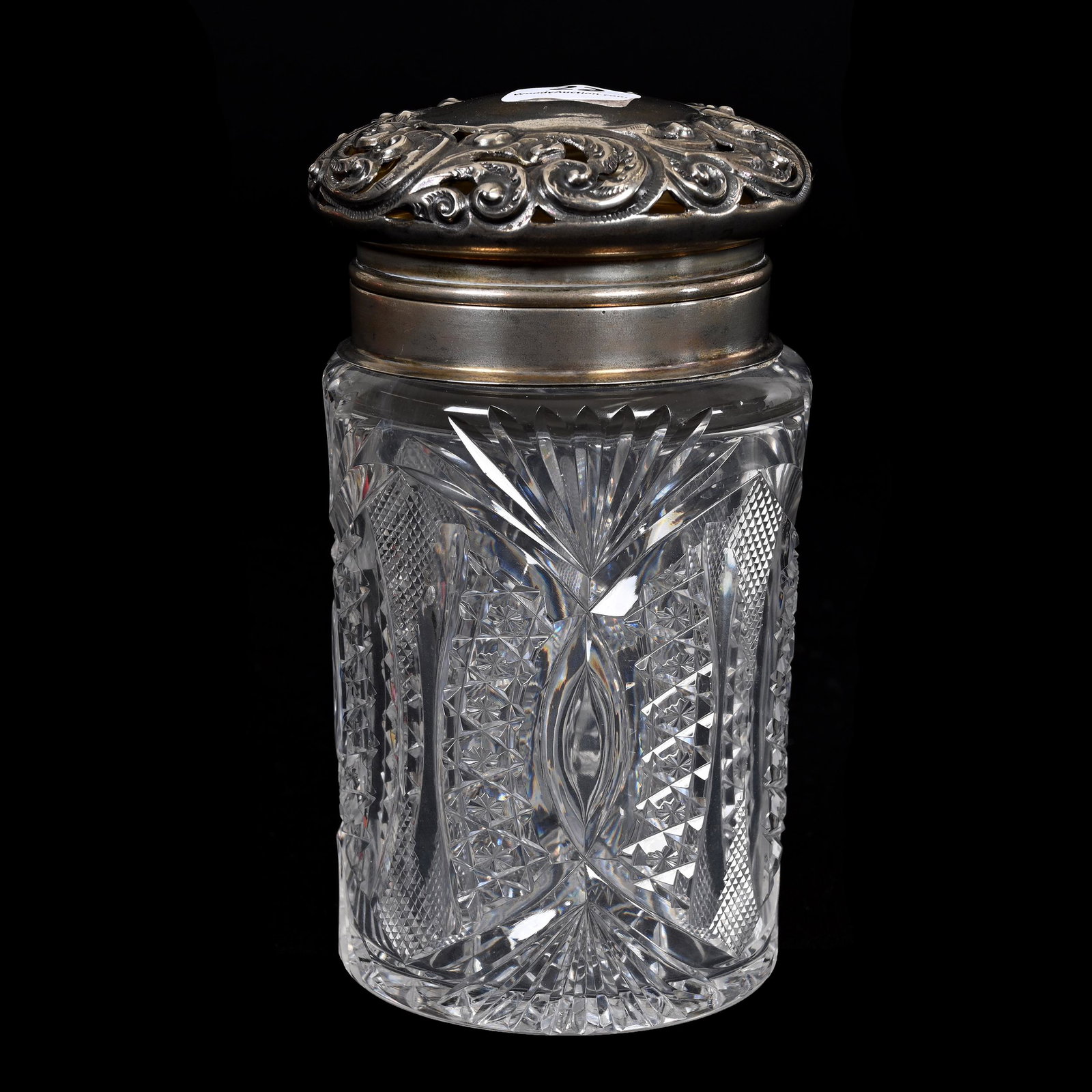 Cigarette Jar, American Brilliant Cut Glass: Cigarette Jar, American Brilliant Cut Glass, 6.25" x 3.5", Beautiful Tusk, Star Diamond, Strawberry Diamond And Fan Motif, Incredible Mauser Sterling Reticulated Flip Lid With Original Glass Stopper, 