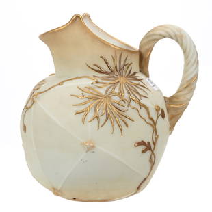 Pitcher Marked Crown Milano #0506 Art Glass: Pitcher Marked Crown Milano #0506 Art Glass, 8" x 7.5", Fish Net Mold, Gold Enamel Floral Decor Highlights, Applied Rope Twist Handle, Estate Of Dr. Barry and Dee Free.