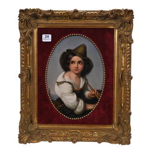 Porcelain Plaque Marked KPM, Hand Painted Portrait: Porcelain Plaque Marked KPM, Hand Painted Portrait, 8.5" x 6.5", Scene Of Young Boy Playing Flute, Artist Signed Wagner, Professionally Mounted In 13" x 11" Gilt Wooden Frame With Red Velvet Mat, Esta