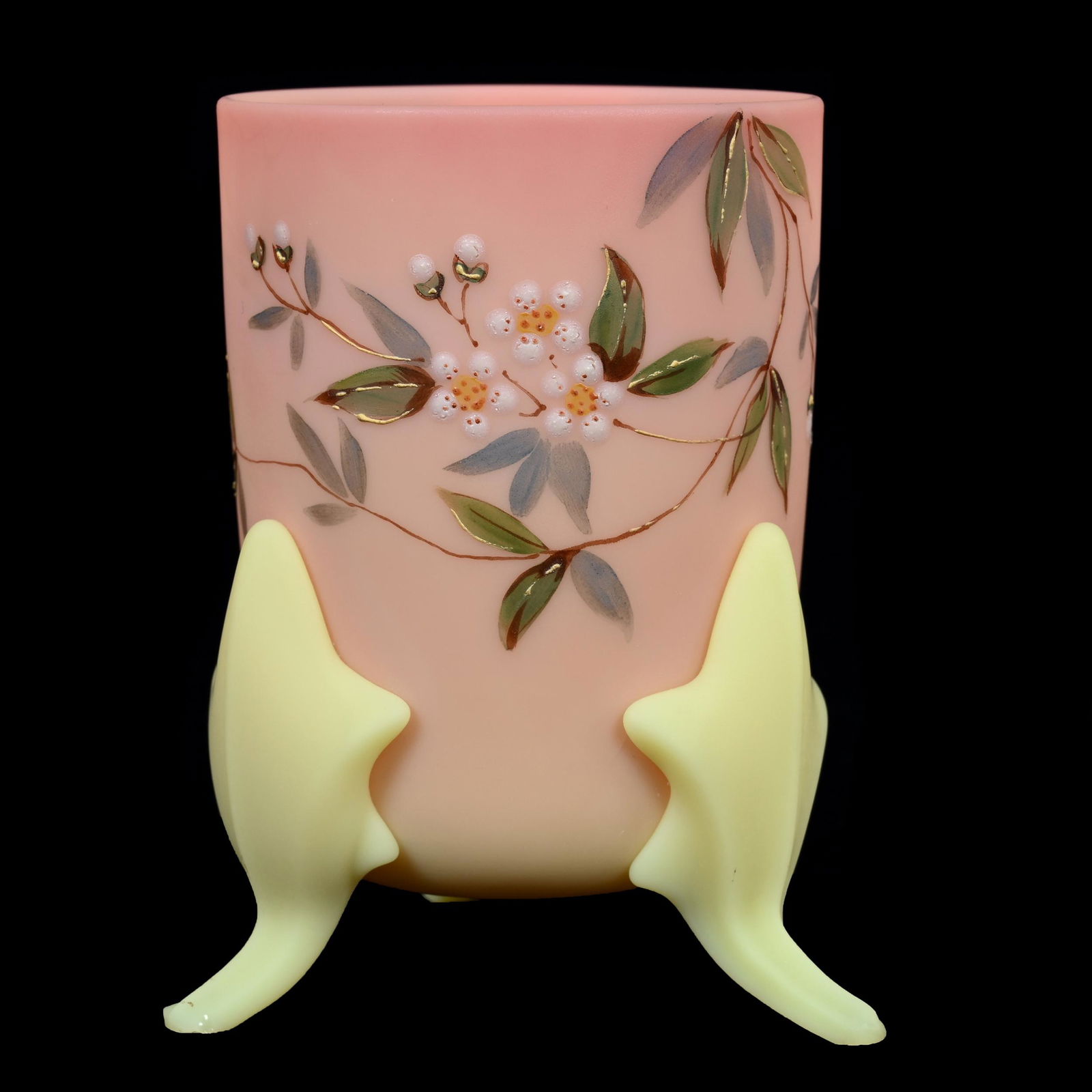 Vase, Three Feet, Decorated Burmese Art Glass: Vase, Three Feet, Decorated Burmese Art Glass, 3.75" x 2.75", Signed "Queens Burmese Ware Patented Thomas Webb & Sons", Estate Of Dr. Barry and Dee Free.