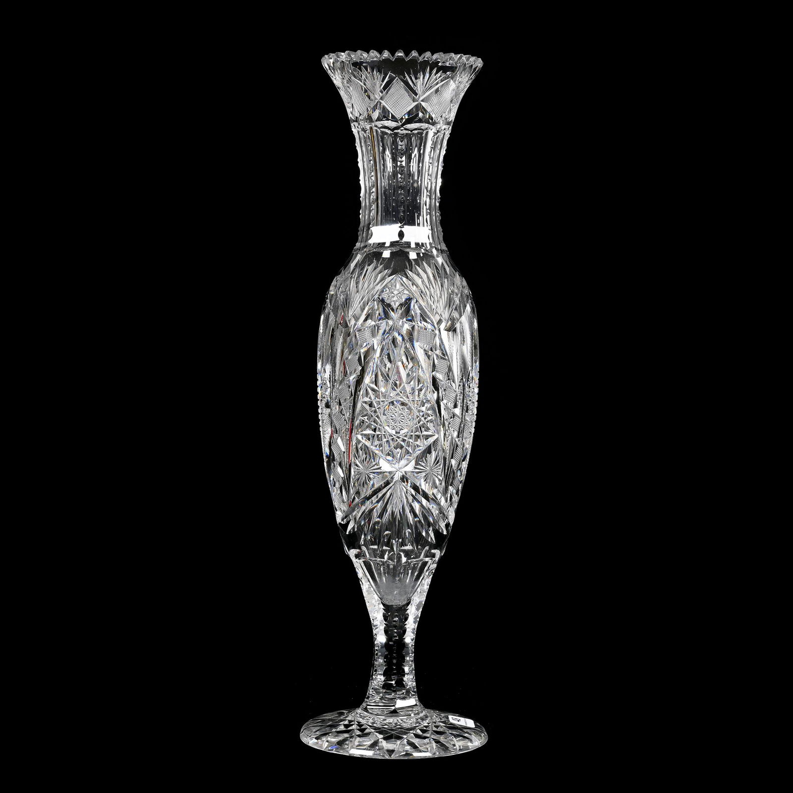 Pedestal Vase, American Brilliant Cut Glass: Pedestal Vase, American Brilliant Cut Glass, 18" x 5", Hobstar, Cane, Strawberry Diamond, Fern, Star And Fan Motif, Hobstar Cut Foot, Attributed To J. Hoare, Estate Of Dr. Barry and Dee Free.