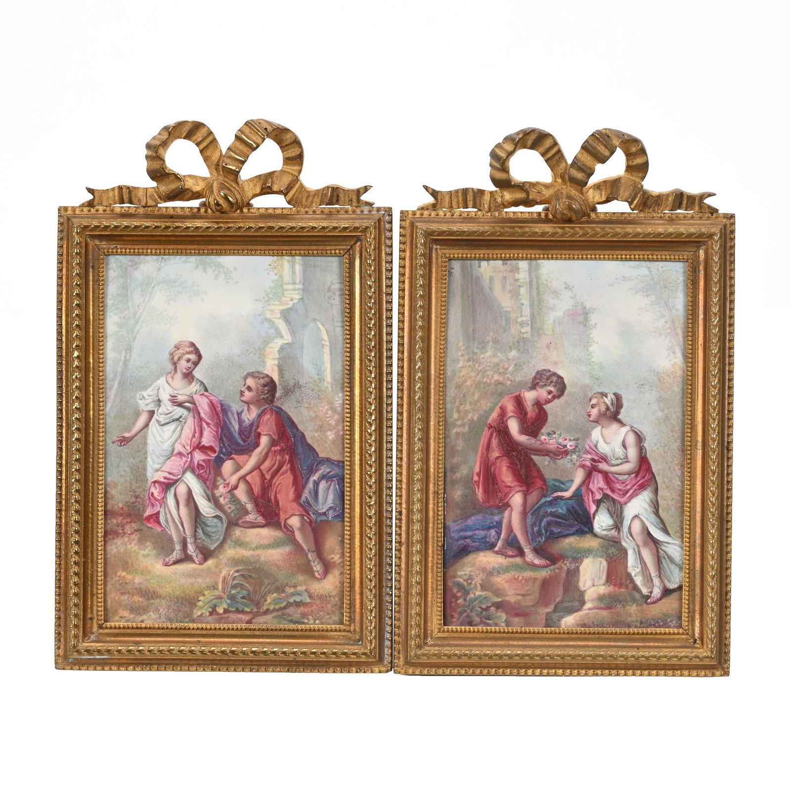 Pair Framed French Enamel Scenes: Pair Framed French Enamel Scenes, 5" x 3.25", Classic Courting Scenes Around Stone Ruins, Elaborate Gilt Metal Frames Have Easel Backs, Very Nice Quality, Estate Of Dr. Barry and Dee Free.