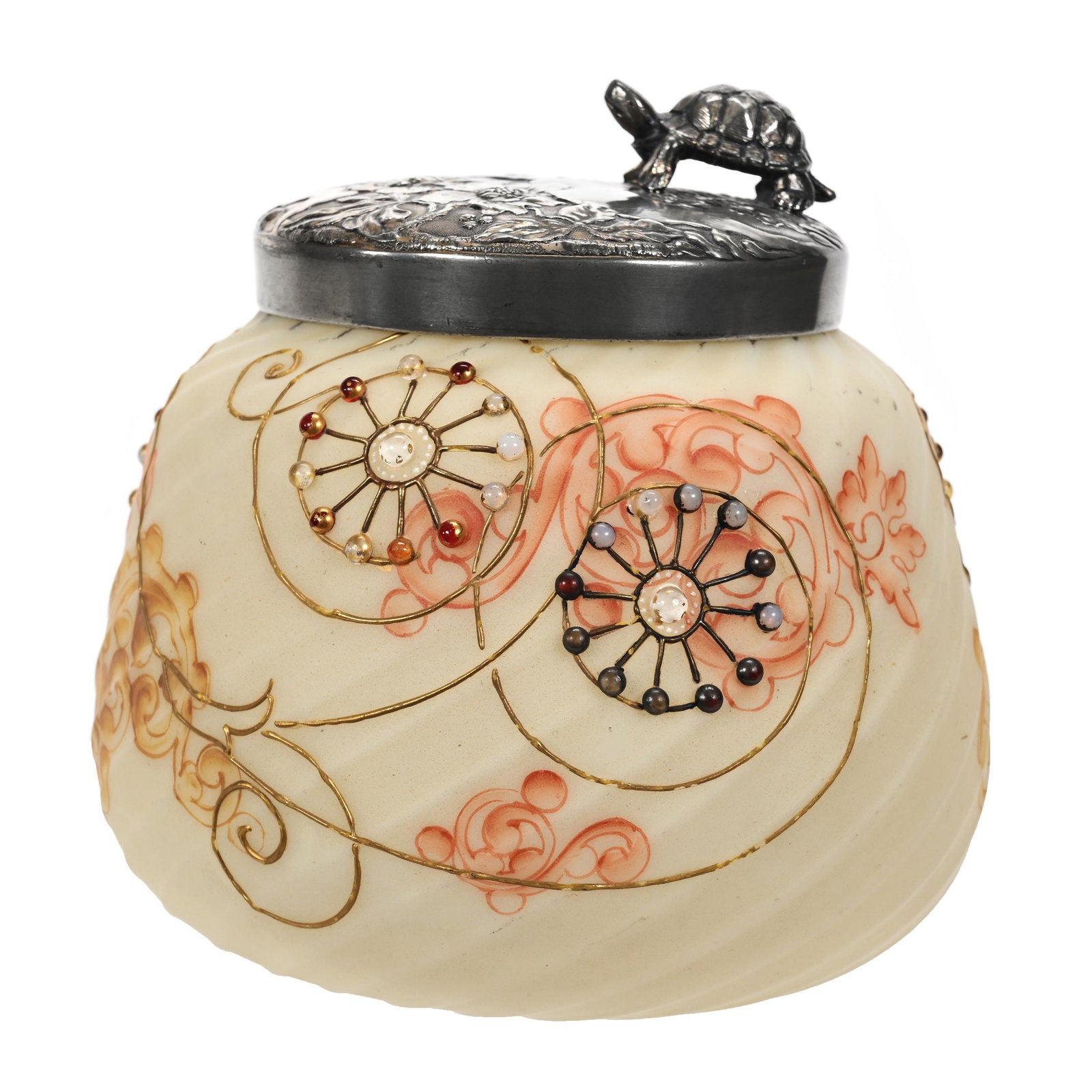 Sweetmeat Marked Crown Milano: Sweetmeat Marked Crown Milano, 4.75" x 5", Cream Tones, Swirl Mold, Pink And Yellow Mottled Scroll Background, Applied Jewel Highlights, Silverplate Lid With Turtle Finial Marked Mt. Washington, Estat