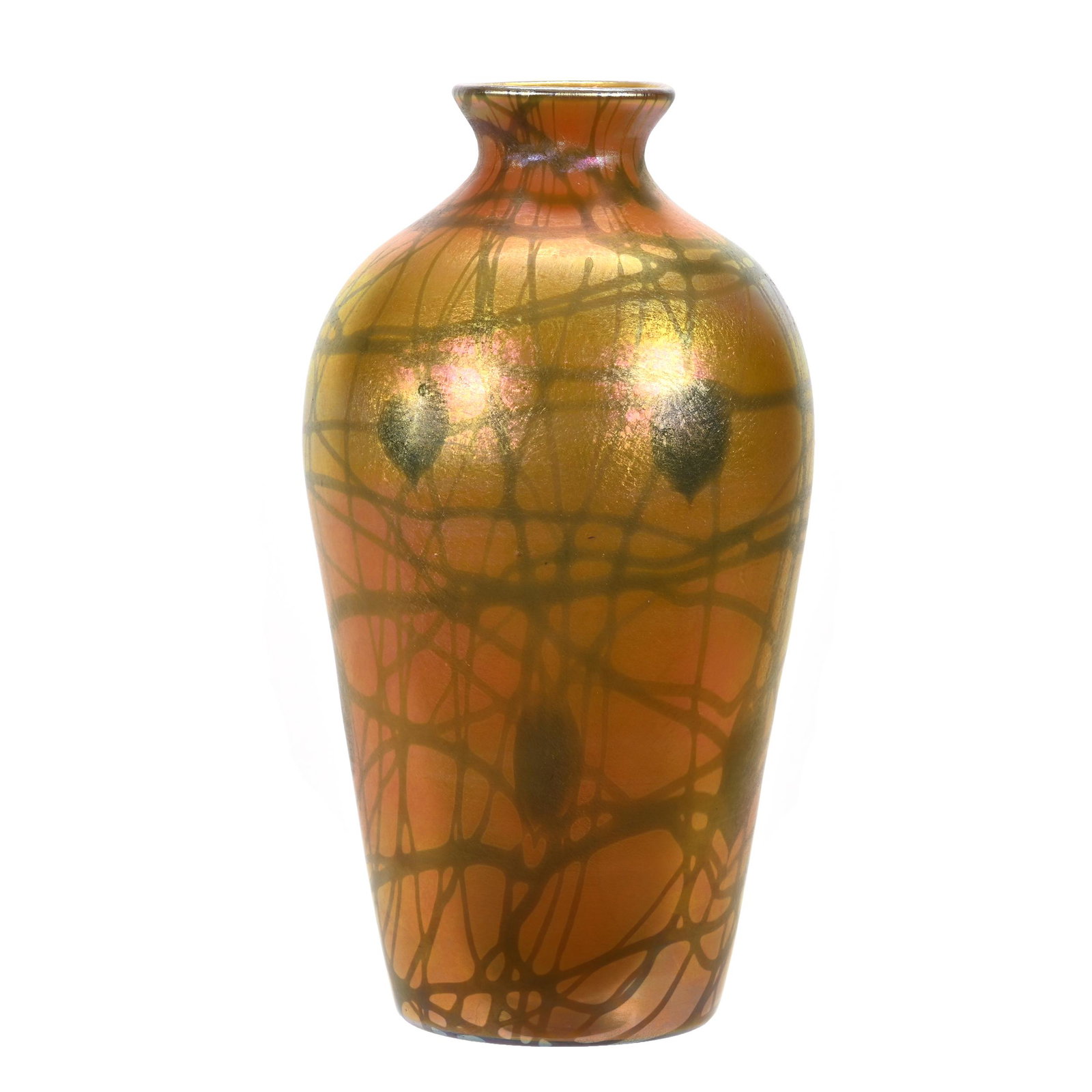 Vase, Unmarked Quezal Art Glass: Vase, Unmarked Quezal Art Glass, 14.5" x 7.25", Gold Iridescence With Heart And Vine Decor, Polished Pontil Base, Very Nice Quality, Estate Of Dr. Barry and Dee Free.