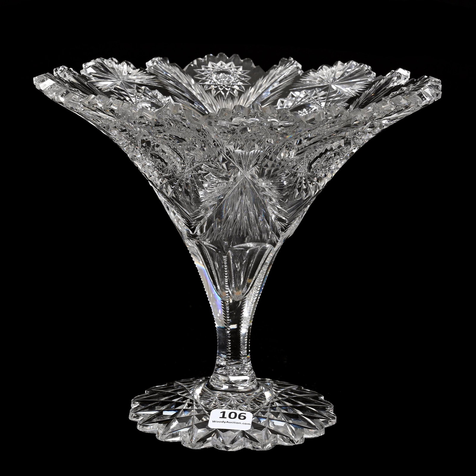 Tazza, ABCG, Neola Pattern By Libbey: Tazza, American Brilliant Cut Glass, Neola Pattern By Libbey, 7.25" x 8.5", Scalloped Hobstar Foot, Quality Blank, Tooth Chips, Estate Of Dr. Barry and Dee Free.