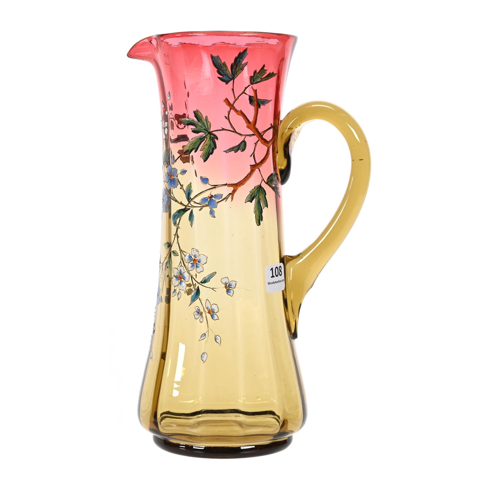 Pitcher, Rubina Verde Art Glass, Decorated: Pitcher, Rubina Verde Art Glass, Decorated, 10.5" x 6.25", Optic Rib, Colorful Enamel Branch And Blossom Decor, Estate Of Dr. Barry and Dee Free.