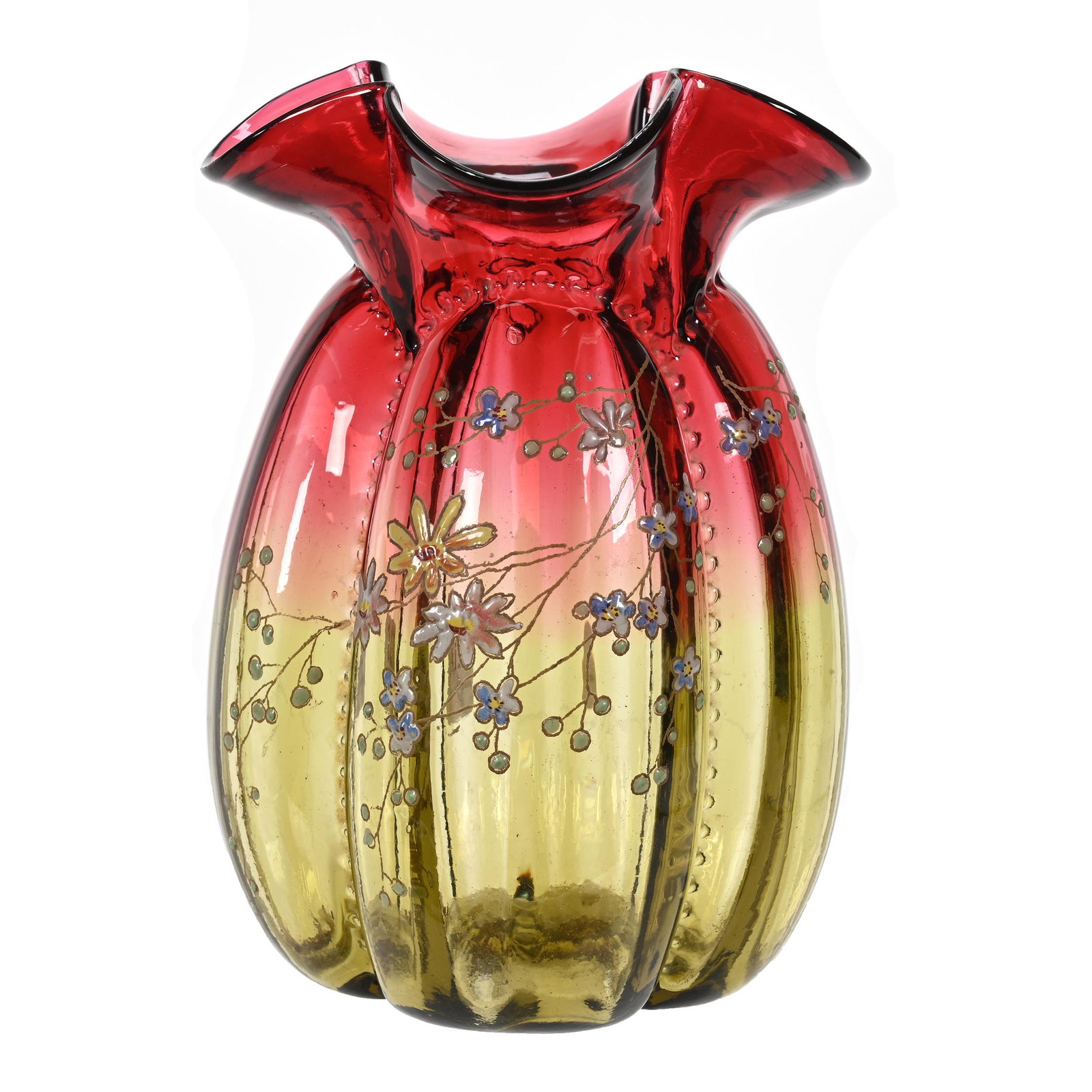 Vase, Rubina Verde Art Glass, Decorated: Vase, Rubina Verde Art Glass, Decorated, 6.25" x 4.25", Melon Ribbed Bag Shape, Enamel Branch And Blossom Decor, Estate Of Dr. Barry and Dee Free.