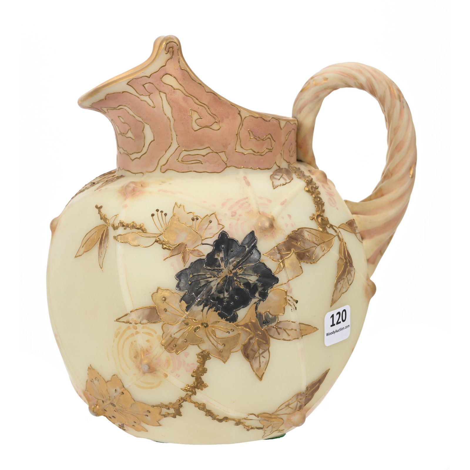 Water Pitcher Marked Crown Milano Art Glass: Water Pitcher Marked Crown Milano Art Glass, 8.25" x 7.5", Fish Net Mold, Some Pink Mottling Near Spout, Gold Enamel Floral Decor Highlights, Applied Rope Twist Handle, Estate Of Dr. Barry and Dee Fre