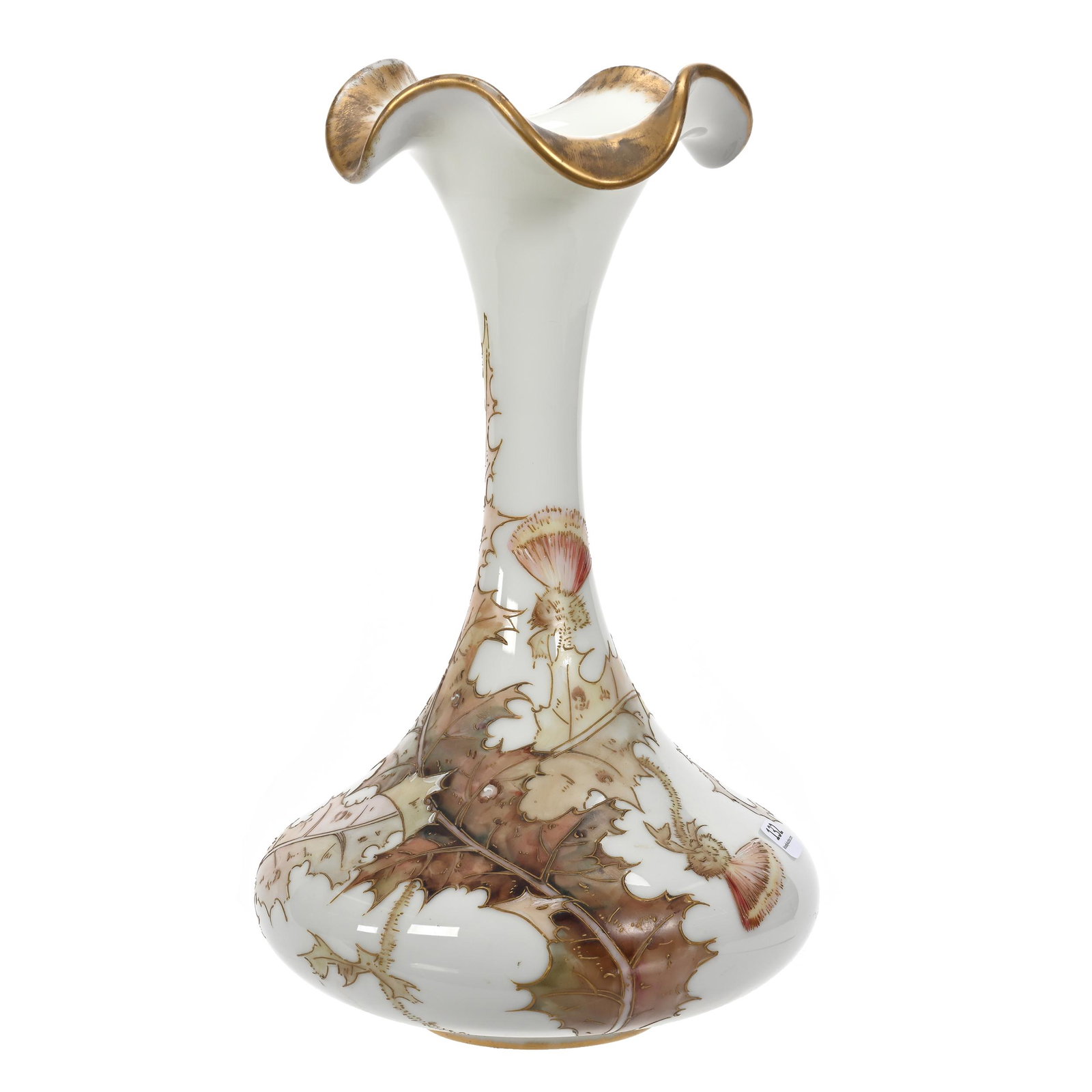Vase Marked Crown Milano #1014 Art Glass: Vase Marked Crown Milano #1014 Art Glass, 13.75" x 8", Beautiful Albertine With Colorful Enamel Leaf And Thistle Decor, Estate Of Dr. Barry and Dee Free.