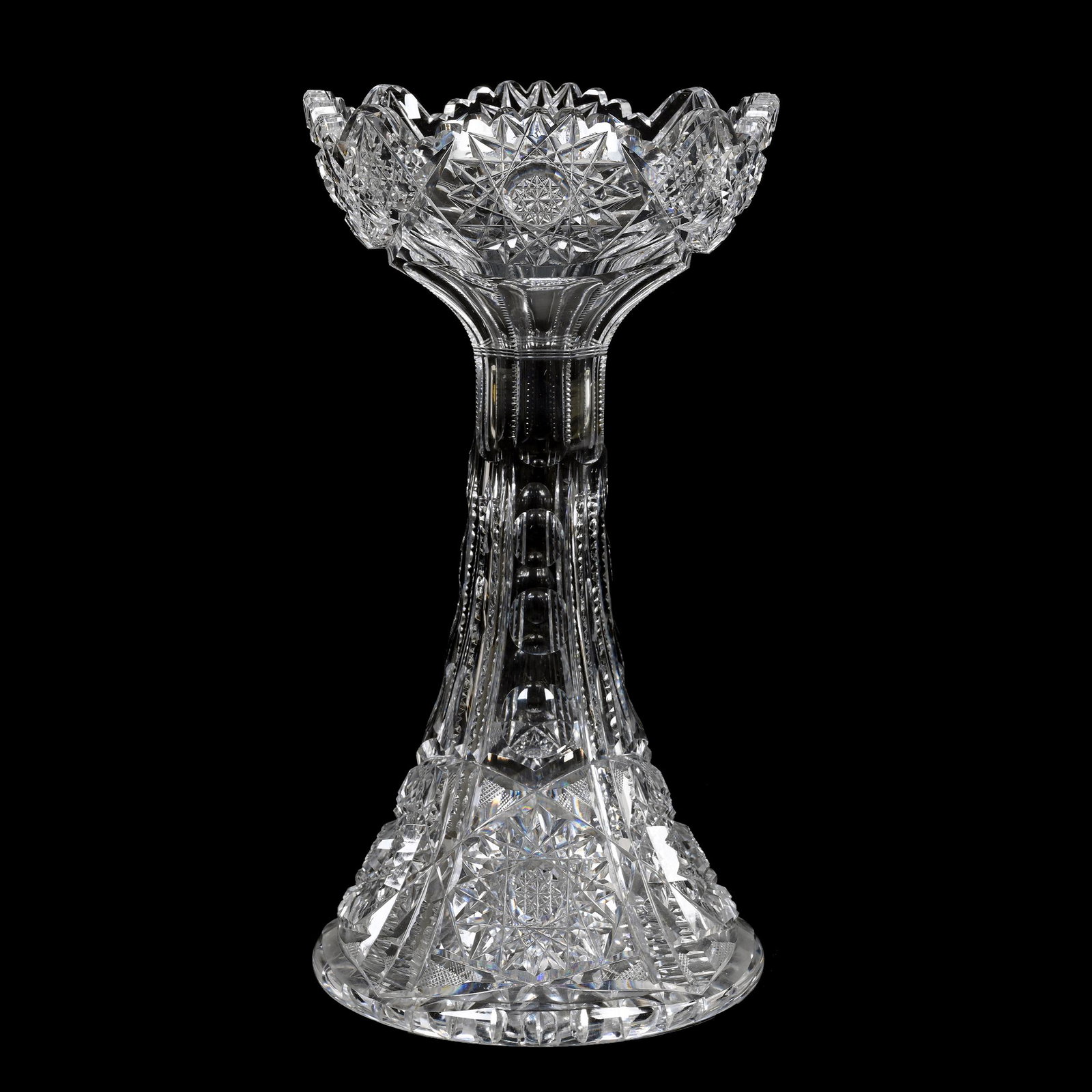 Vase, American Brilliant Cut Glass: Vase, American Brilliant Cut Glass, 12" x 6.25", Hobstar, Bullseye, Button, Prism Motif, Large Hobstar Base, Unique Flared Rim, Interior Rim Nick, Estate Of Dr. Barry and Dee Free. UPDATED 3-27-23: Ad