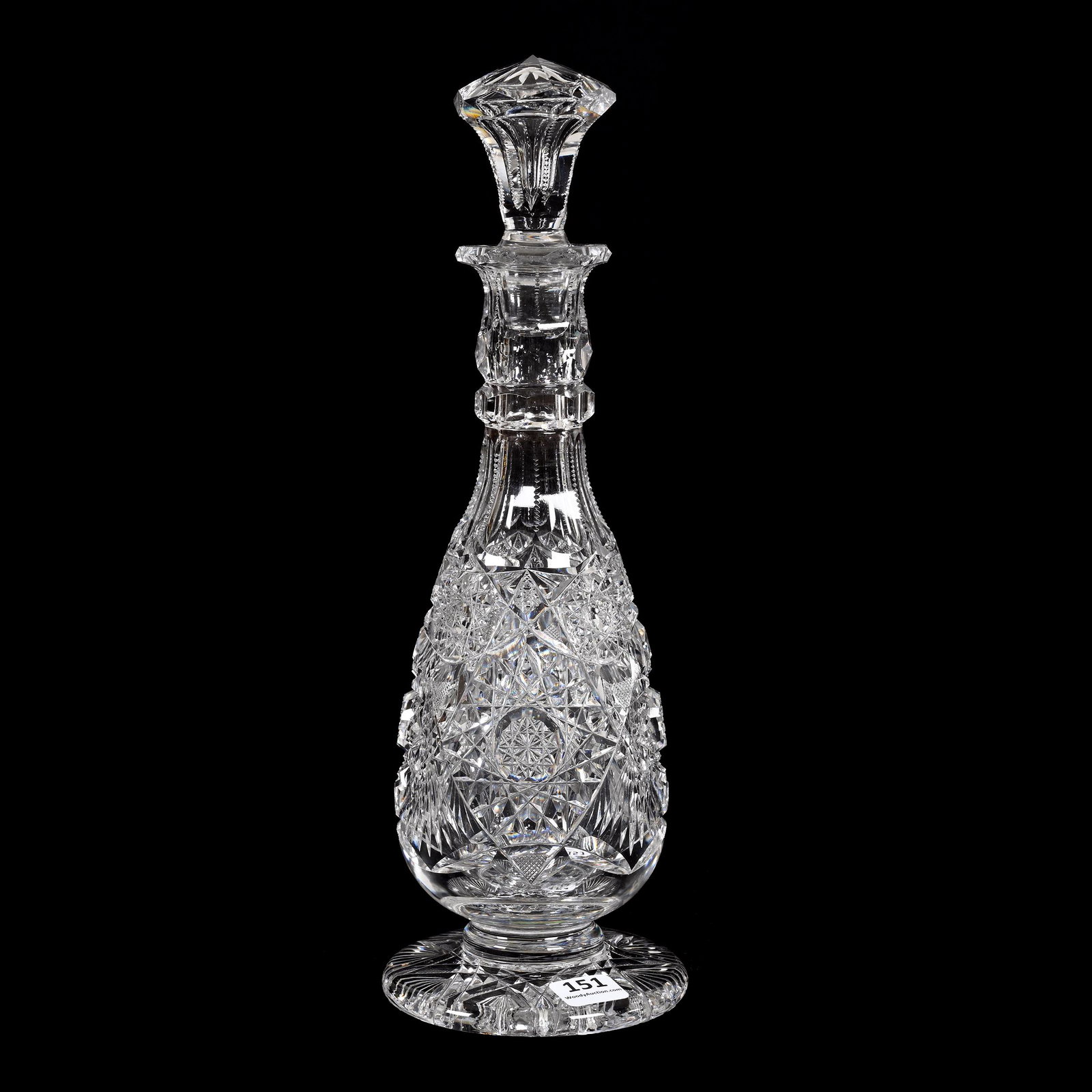 Pedestal Decanter, American Brilliant Cut Glass: Pedestal Decanter, American Brilliant Cut Glass, 12" x 4", Hobstar, Strawberry Diamond And Fan Motif, Flashed Hobstar Foot, Well Cut, Unique Form, Estate Of Dr. Barry and Dee Free.
