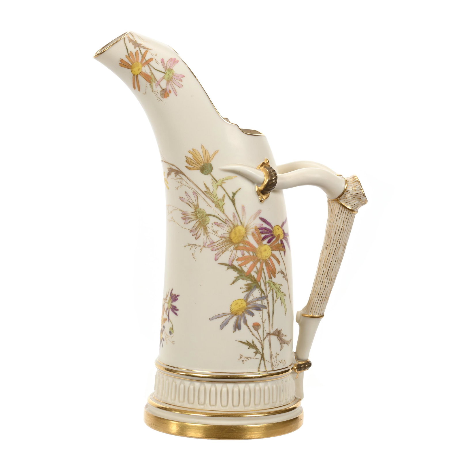 Pitcher Marked Royal Worcester #1116: Pitcher Marked Royal Worcester #1116, 11" x 7.5", Cream Tones, Colorful Floral Decor, Tusk Form, Antler Figural Handle, Estate Of Dr. Barry and Dee Free.