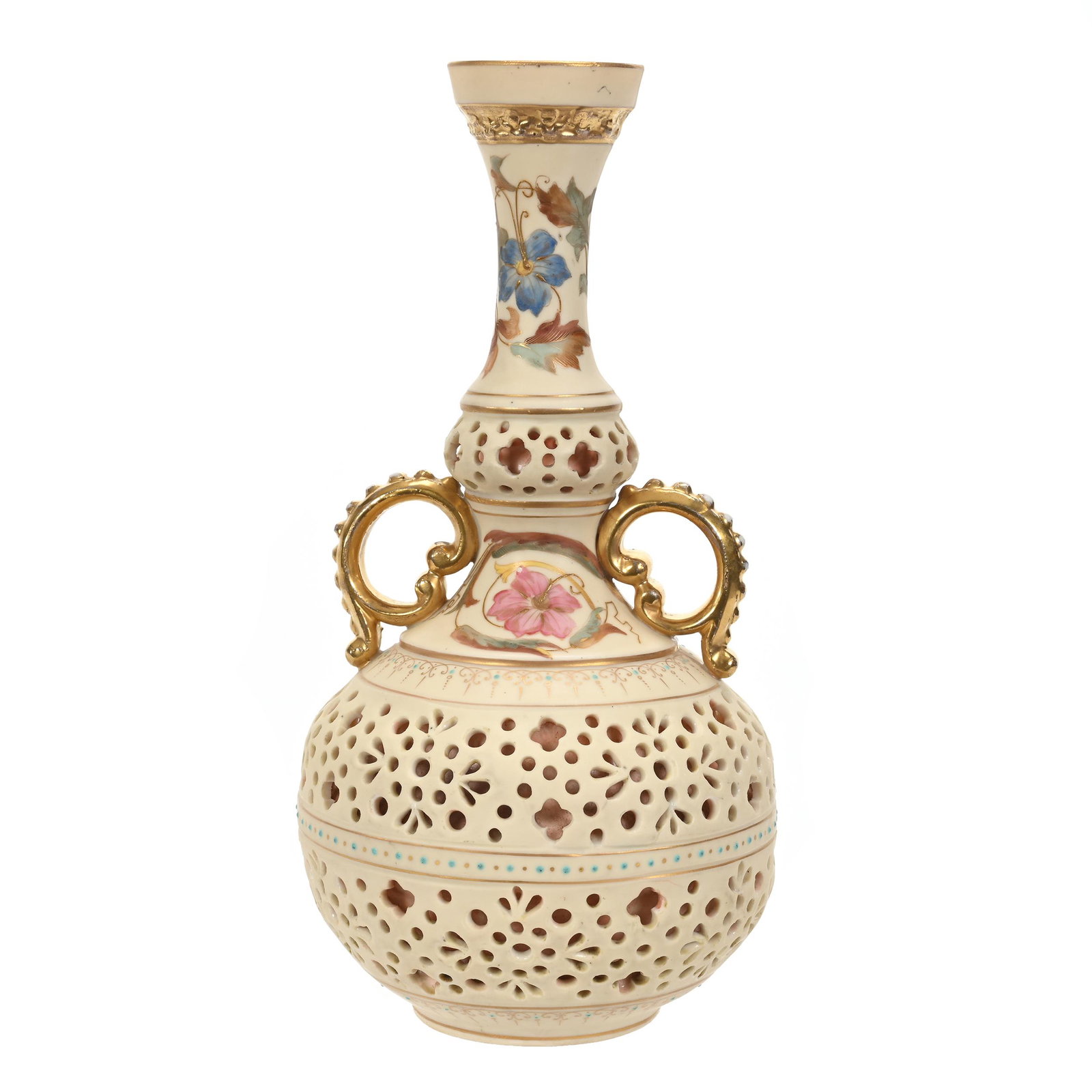 Vase, Two Handles, Marked Royal Rudolstadt: Vase, Two Handles, Marked Royal Rudolstadt, 9.75" x 4.75", Unique Vase In Vase With Reticulated Exterior Shell, Colorful Floral Decor Highlights, Estate Of Dr. Barry and Dee Free.