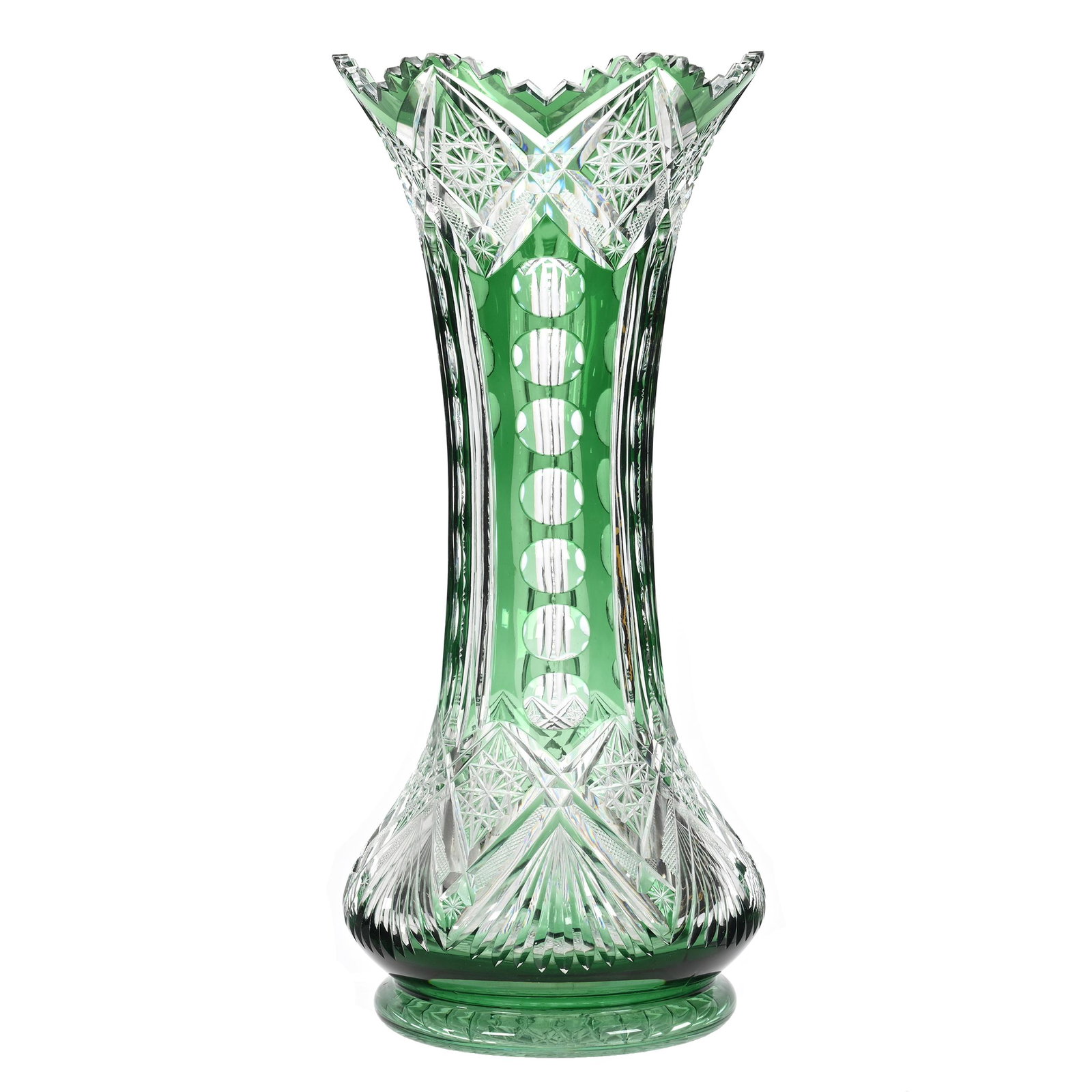 Vase, Brilliant Period Cut Glass, Green Cut To Clear: Vase, Brilliant Period Cut Glass, Green Cut To Clear, 18" x 8", Attributed To Val St. Lambert, 3613/17 Pattern, Nearly Fourteen Pounds Total Weight, Hobstar Base, Pattern Is Same As Iris By Clark, Cir