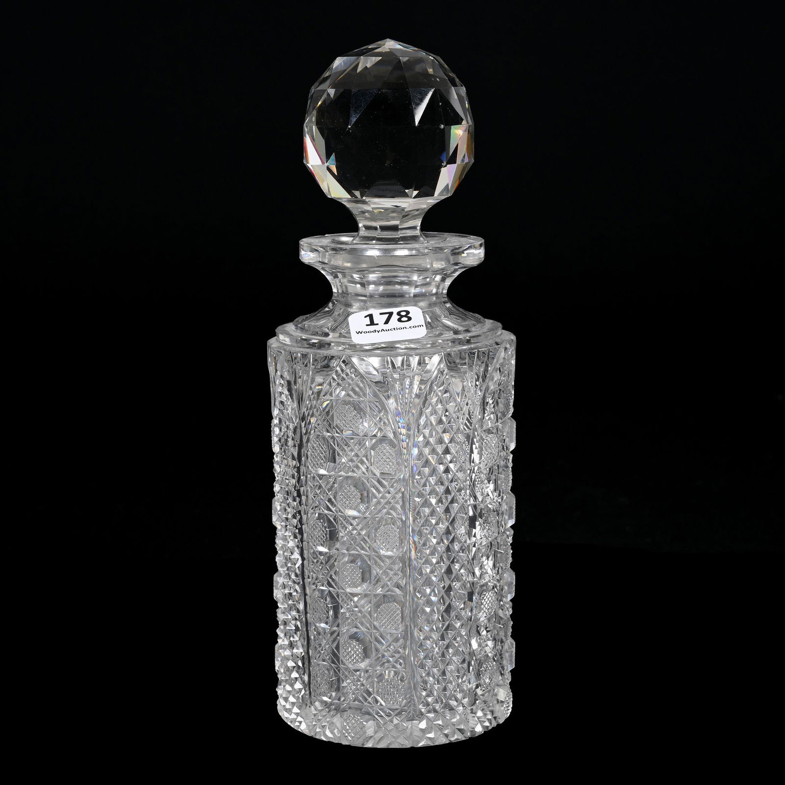 Cologne Bottle, American Brilliant Cut Glass: Cologne Bottle, American Brilliant Cut Glass, 8.25" x 3", Alternating Arches Of Cane And Strawberry Diamond With Fan Highlights, Ray Cut Base, Estate Of Dr. Barry and Dee Free.