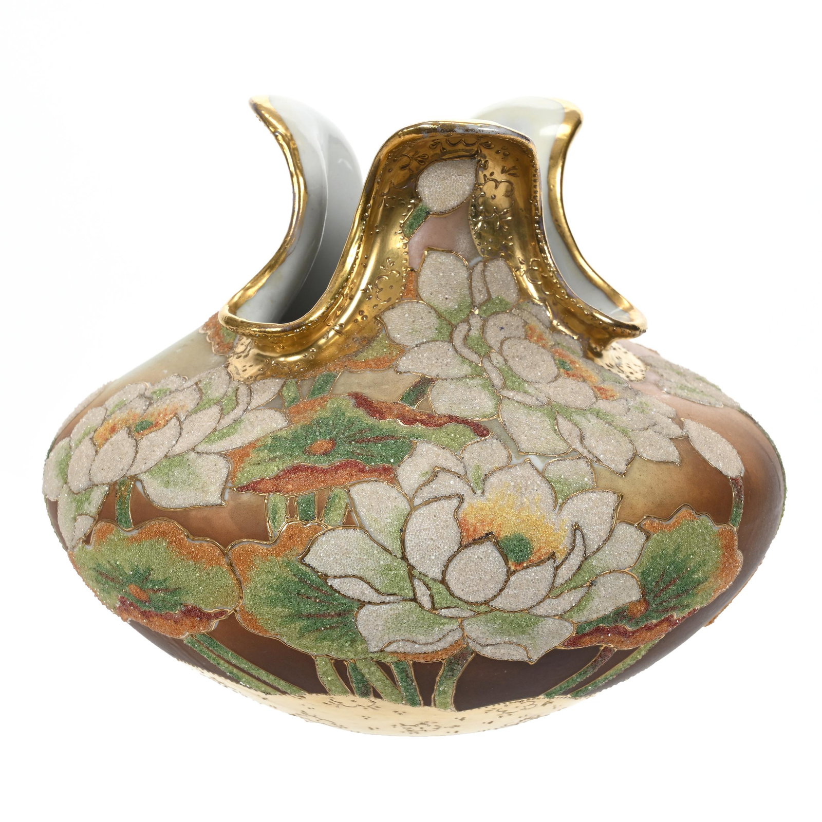 Vase Marked Patent Applied For (Japan): Vase Marked Patent Applied For (Japan), 5.5" x 6.5", Brown, Pink And Green Tones With Coralene Waterlily Overlay, Estate Of Dr. Barry and Dee Free.