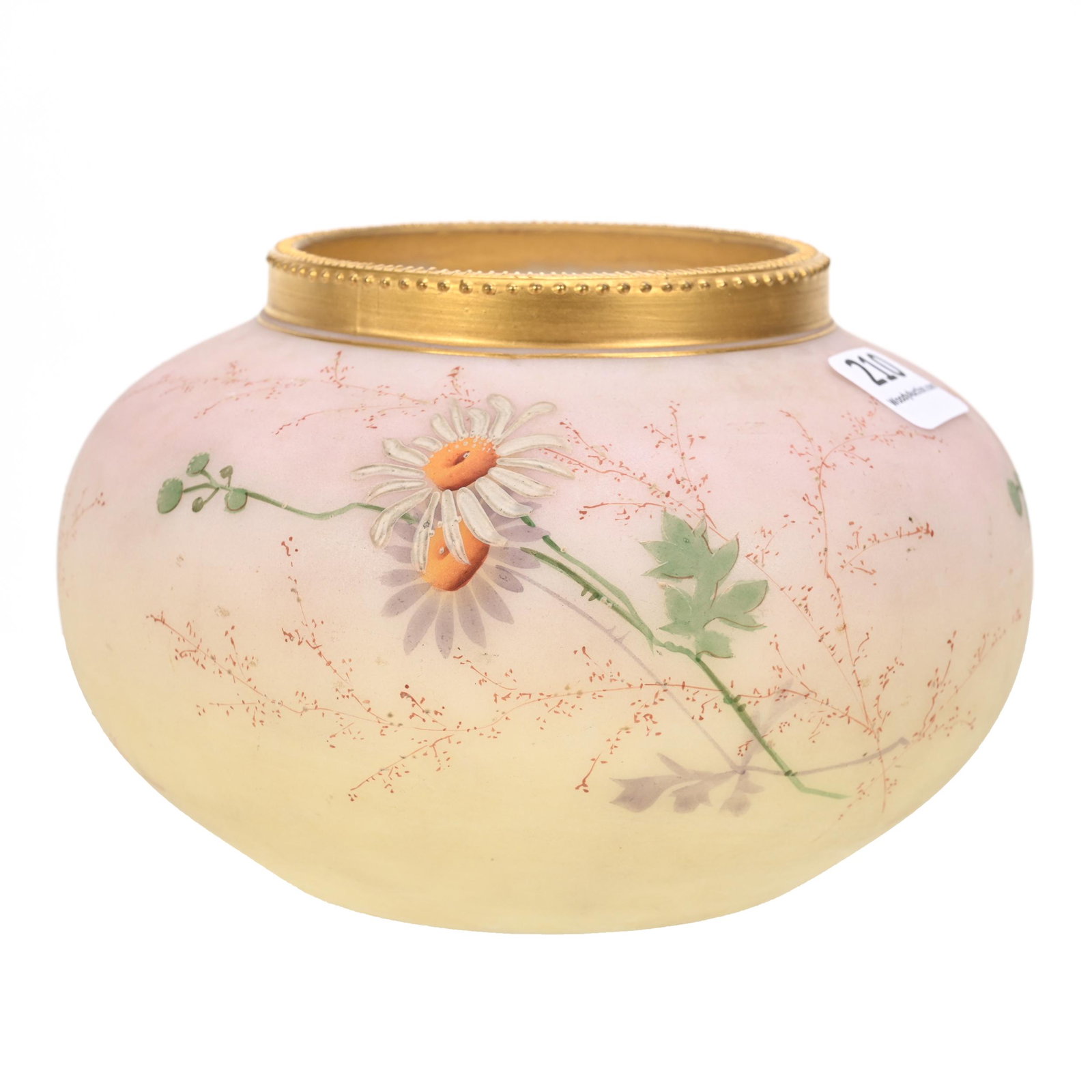 Vase, Unmarked Burmese Color Opaline: Vase, Unmarked Burmese Color Opaline, 3.5" x 5.25", Enamel Daisy Decor, Gold Trim, Estate Of Dr. Barry and Dee Free.