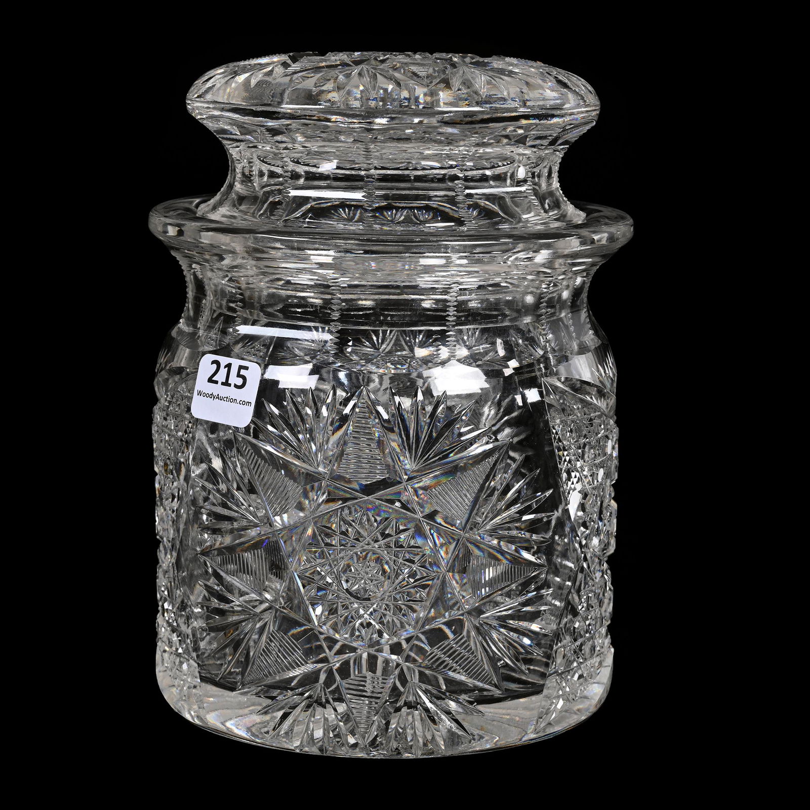 Humidor, American Brilliant Cut Glass: Humidor, American Brilliant Cut Glass, 7.5" x 5.25", Flashed Hobstar With Cane, Vesica And Fan Highlights, Flashed Hobstar Lid, Ray Cut Base, Estate Of Dr. Barry and Dee Free.