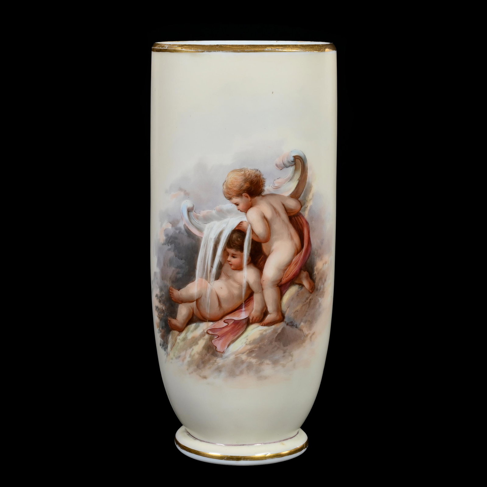 Vase, Cream Tones Over White Opaline Art Glass: Vase, Cream Tones Over White Opaline Art Glass, 10.5" x 4.5", Hand Painted Scene Of Two Cherubs, Attributed To Artist Joseph Ahne, Estate Of Dr. Barry and Dee Free.