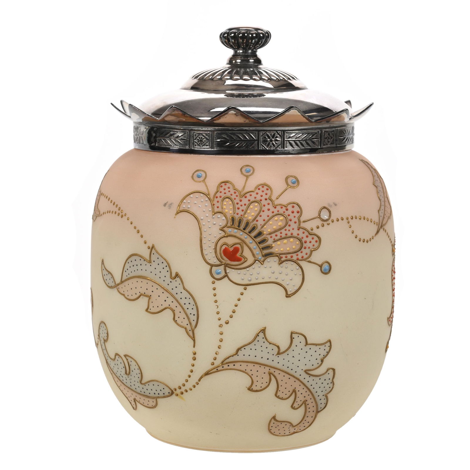 Biscuit Jar, Burmese Coloring Over Opaline Art Glass (1 of 5)
