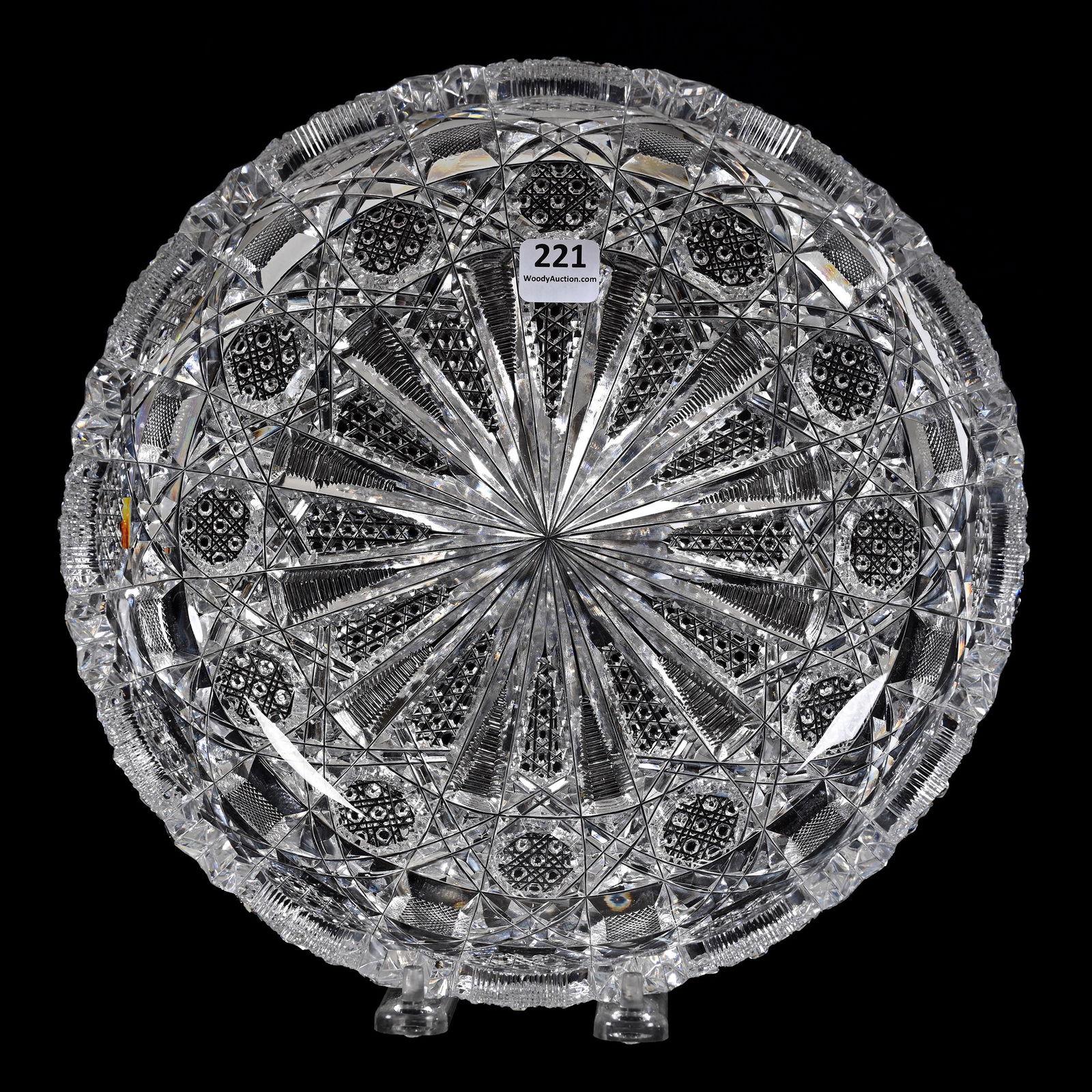 Low Bowl, American Brilliant Cut Glass: Low Bowl, American Brilliant Cut Glass, 2.75" x 9.75", Wheel Design With Cane, Strawberry Diamond And Prism Motif, Estate Of Dr. Barry and Dee Free.