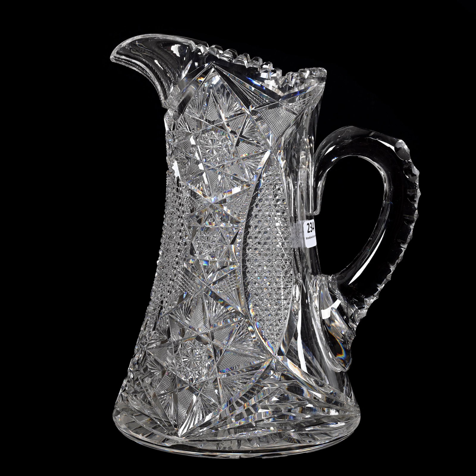 Pitcher, American Brilliant Cut Glass: Pitcher, American Brilliant Cut Glass, 10.5" x 8", Flashed Hobstar, Vesica And Nailhead Diamond Motif, Attributed To Meriden, Triple Notched Handle, Ray Cut Base, Estate Of Dr. Barry and Dee Free.