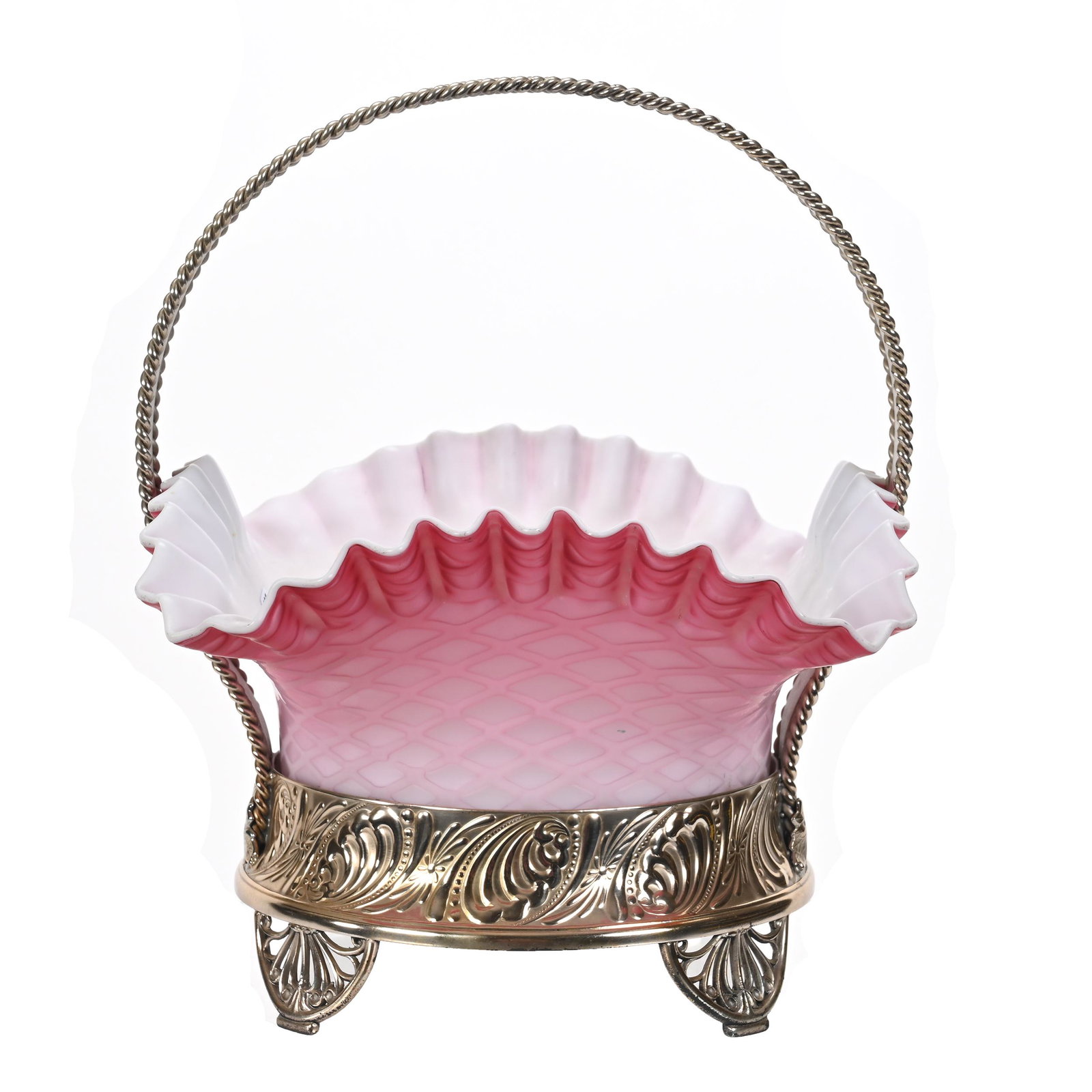 Victorian Brides Basket: Victorian Brides Basket, 11.5" x 9.5", Square Pink Satin Diamond Quilted Mother Of Pearl Ruffled Bowl, White Interior, Set On Silverplate Frame, Maker Unidentified, Nice Fit, Estate Of Dr. Barry and D