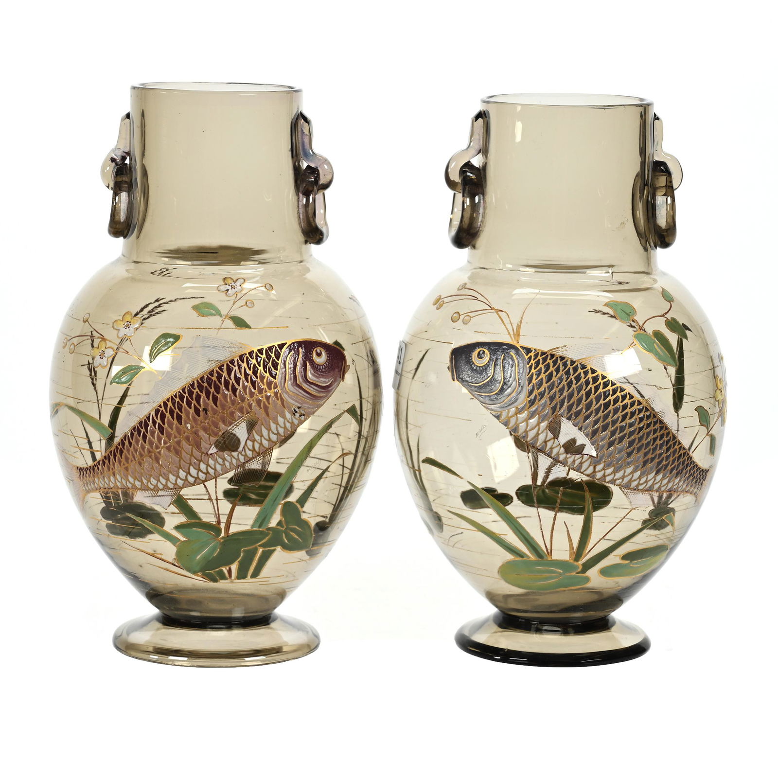 Pair Pedestal Vases, Unmarked Art Glass, Smoke Color (1 of 3)