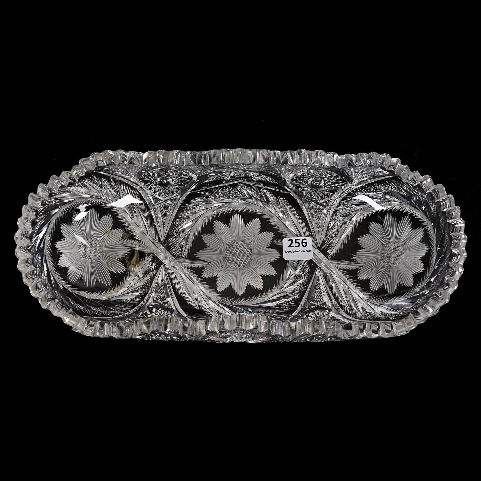 Celery Tray, Folded, ABCG, Camellia-Lillian Pattern: Celery Tray, Folded, American Brilliant Cut Glass, Camellia-Lillian Pattern, 12" x 5", Designed By W.C. Anderson, Also Has Strong Resemblance To Gloriosa Pattern, Two Tooth Chips, Estate Of Dr. Barry 