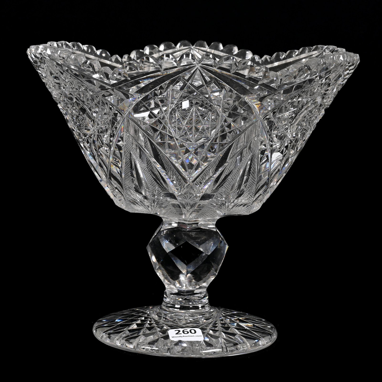 Tazza Compote, ABCG, Signed Egginton Marquise Pattern: Tazza Compote, American Brilliant Cut Glass, Signed Egginton Marquise Pattern, 8" x 9", Facet Cut Knob Stem, Hobstar Foot, Two Tooth Chips, One Outside Rim Chip, Estate Of Dr. Barry and Dee Free.