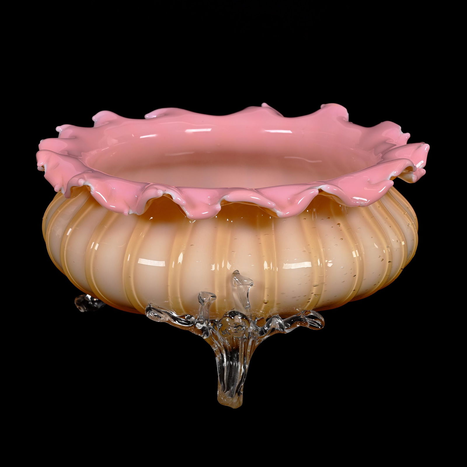 Bowl, Three Feet, Cased Ribbed Art Glass (1 of 4)