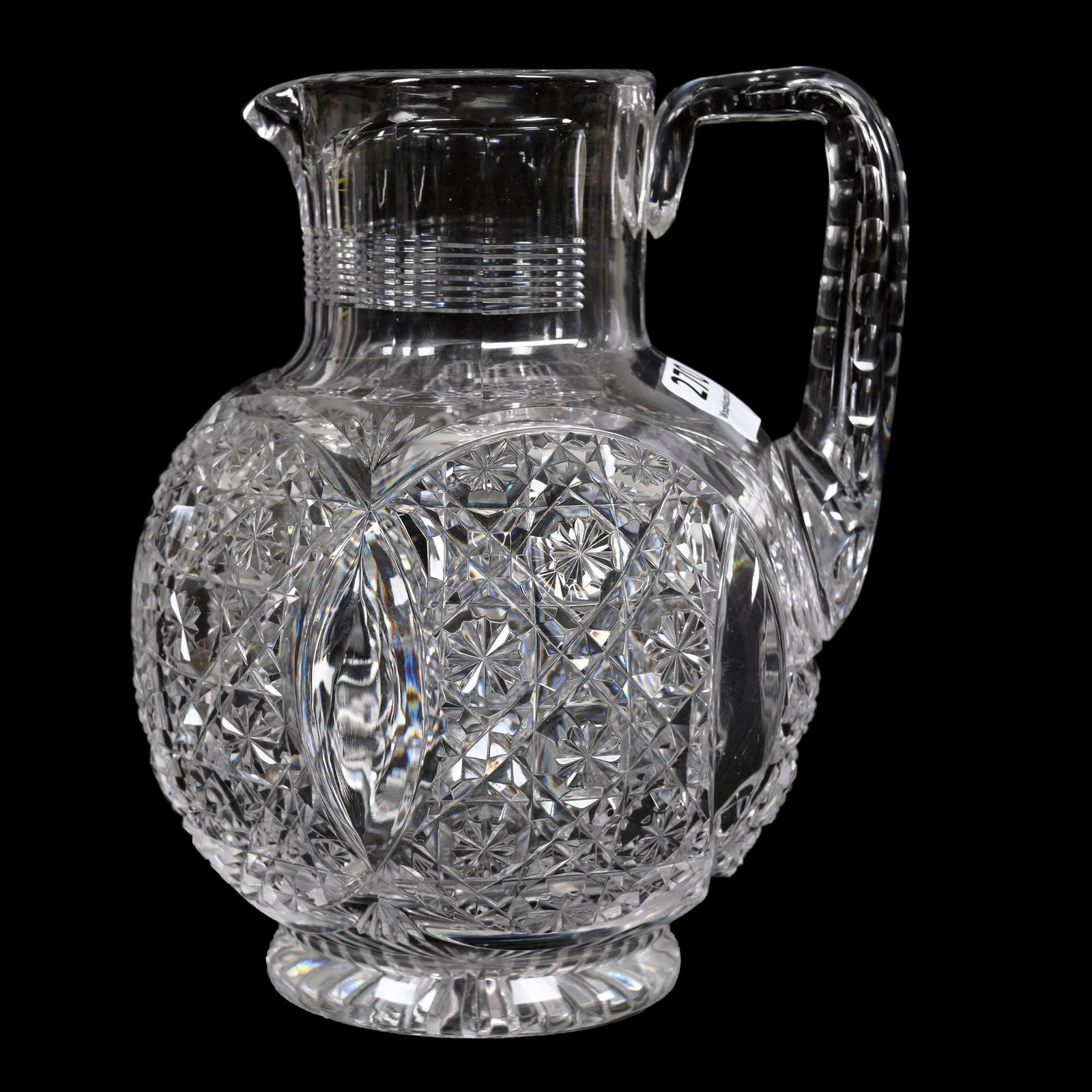Milk Pitcher, American Brilliant Cut Glass: Milk Pitcher, American Brilliant Cut Glass, 5.75" x 4.5", Circular Designs With Cane And Clear Tusk Highlights, Base Nick, Estate Of Dr. Barry and Dee Free.