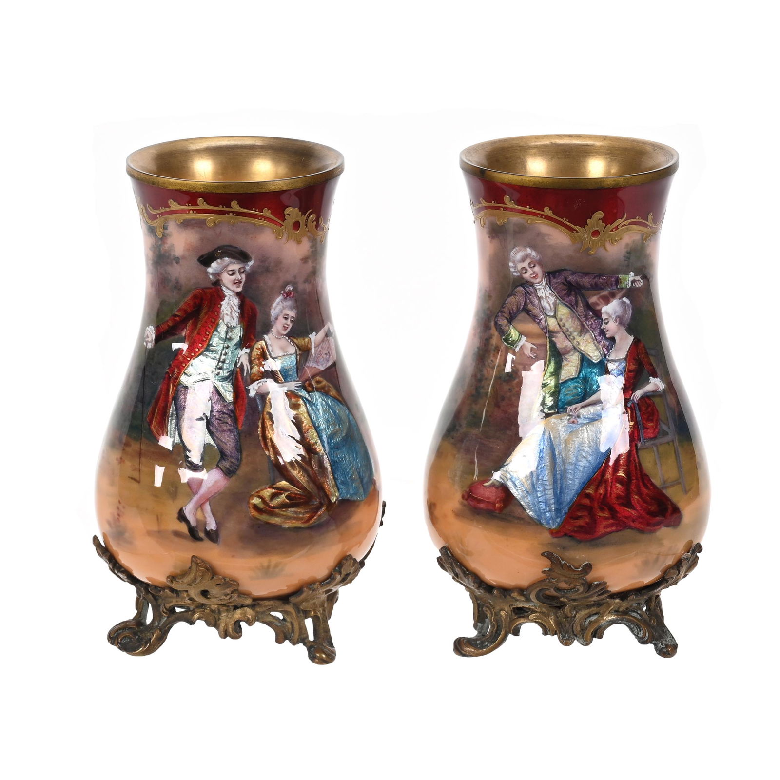 Pair Vases, French Enamel Classic Courting Scenes (1 of 4)