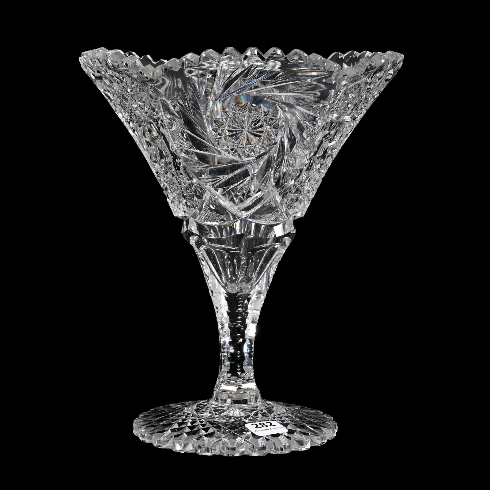 Tazza, American Brilliant Cut Glass: Tazza, American Brilliant Cut Glass, 9.25" x 8", Pinwheel, Hobstar And Strawberry Diamond Motif, Scalloped Hobstar Foot, Outside Tooth Chip, Estate Of Dr. Barry and Dee Free.