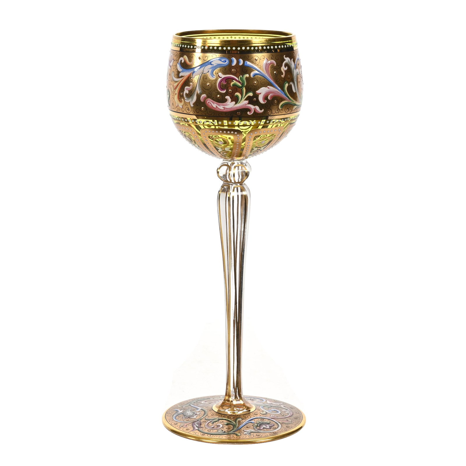 Wine Stem, Bohemian Art Glass: Wine Stem, Bohemian Art Glass, 8.25" x 3", Green Bowl, Clear Stem And Foot, Heavy Gold With Colorful Floral Scroll Design, Estate Of Dr. Barry and Dee Free.
