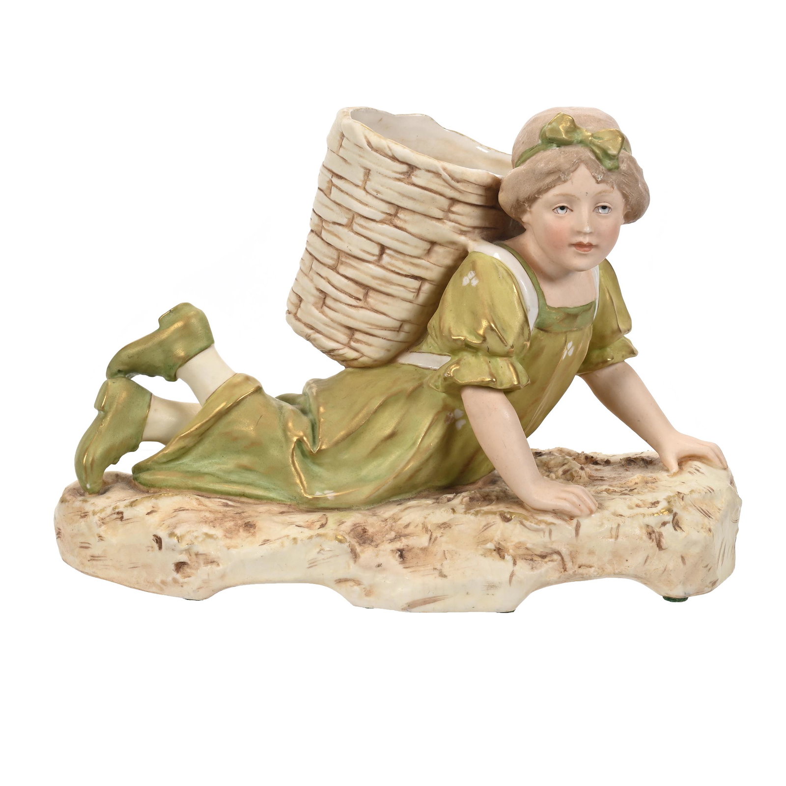 Figural Vase Marked Royal Dux: Figural Vase Marked Royal Dux, 7.25" x 10.5", Young Girl Lying On Stomach With Basket Strapped To Her Back, Estate Of Dr. Barry and Dee Free.