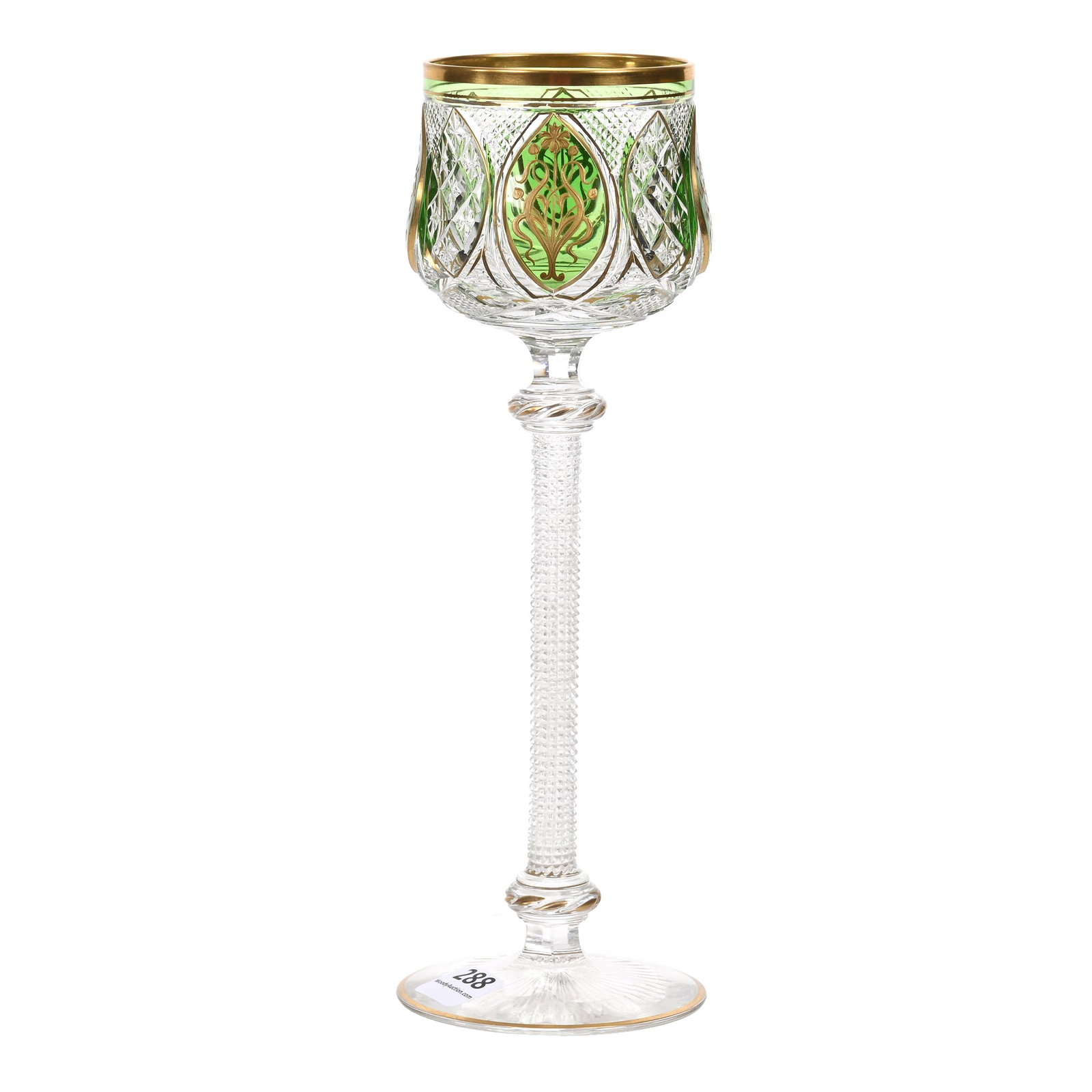 Wine Stem, Brilliant Period Cut Glass, Green Cut To Clear: Wine Stem, Brilliant Period Cut Glass, Green Cut To Clear, 9.5" x 3", Strawberry Diamond Design With Vesica Shape Panels, Gold Enamel Highlights, Ray Cut Foot, Maker Unknown, Estate Of Dr. Barry and D