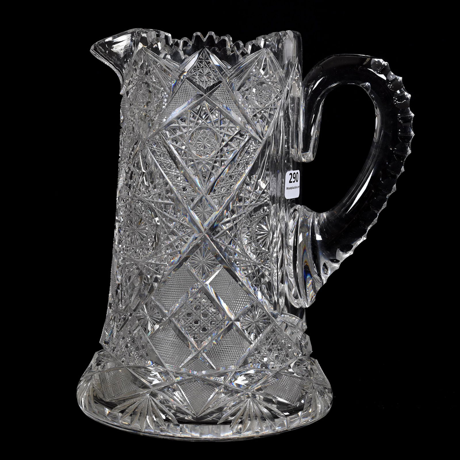 Pitcher, American Brilliant Cut Glass: Pitcher, American Brilliant Cut Glass, 10" x 8.25", Hobstar, Cane, Strawberry Diamond, Star And Fan Motif, Triple Notched Handle, Hobstar Base, Estate Of Dr. Barry and Dee Free.