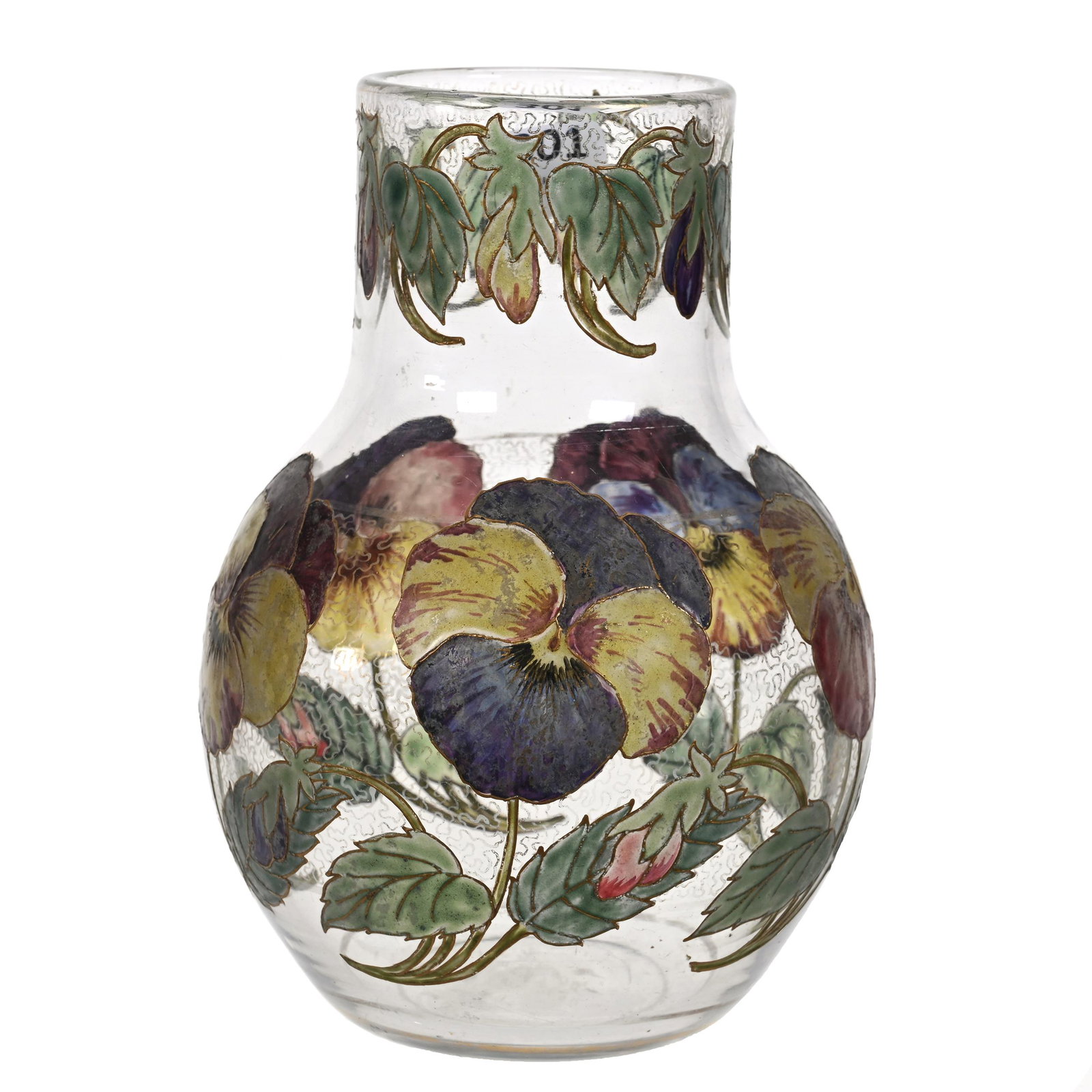 Vase Signed Damon Paris, Clear French Art Glass: Vase Signed Damon Paris, Clear French Art Glass, 6.25" x 4.5", Enamel Colorful Pansy Decor, Gold Stencil Highlights, Marked "Damon 20 BD Malesherbes Paris", Estate Of Dr. Barry and Dee Free.