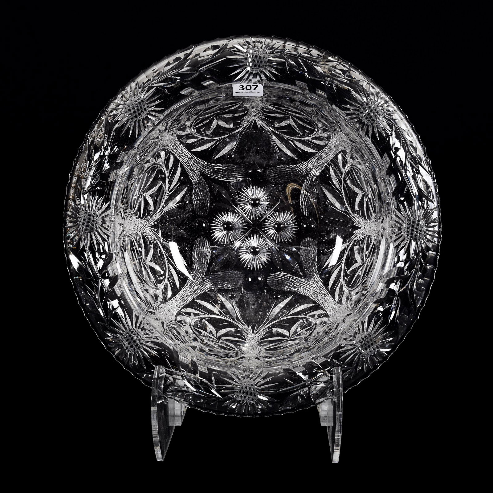 Bowl, Rolled Rim, American Brilliant Cut Glass: Bowl, Rolled Rim, American Brilliant Cut Glass, 4" x 11.25", Engraved Blossom, Scroll And Leaf Design, Estate Of Dr. Barry and Dee Free.