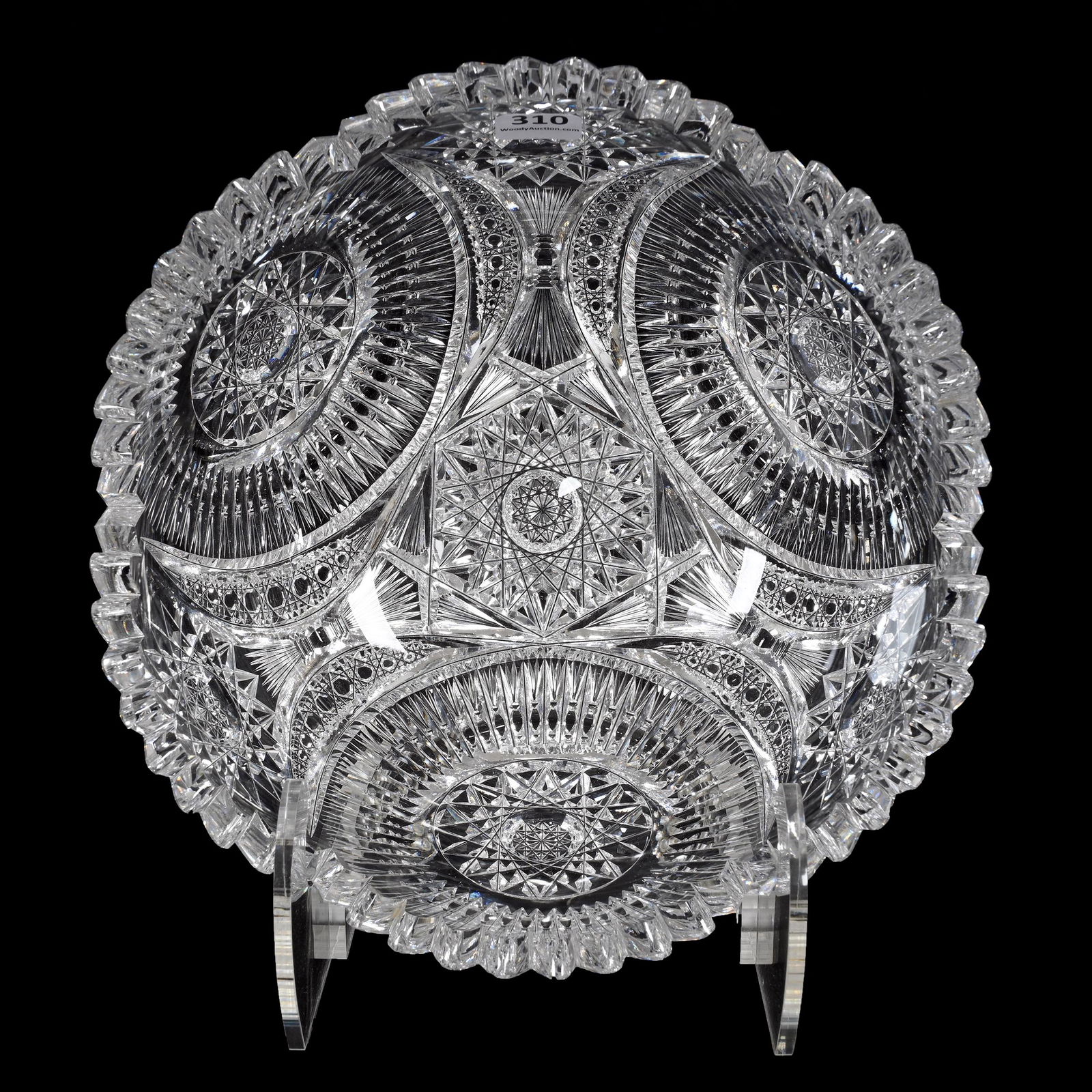 Bowl, American Brilliant Cut Glass: Bowl, American Brilliant Cut Glass, 4" x 9", Three Sections Of Hobstar, Sunburst, Cane And Fan Motif, Quality Blank, One Tooth Has Point Chip, Estate Of Dr. Barry and Dee Free.