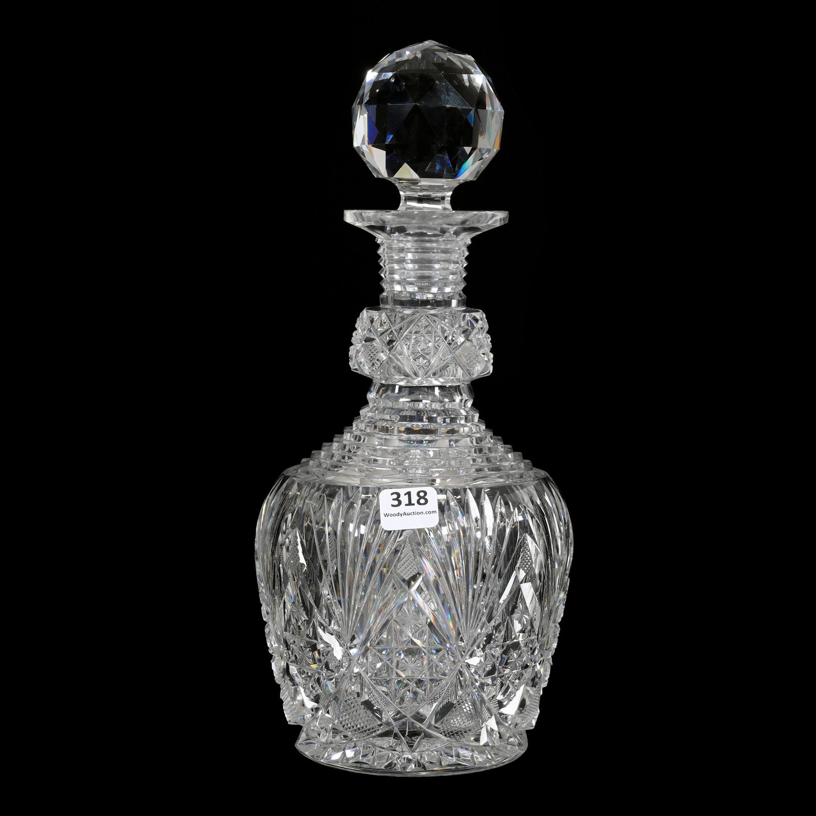 Decanter, American Brilliant Cut Glass: Decanter, American Brilliant Cut Glass, 11.5" x 8", Hobstar, Strawberry Diamond And Fan Motif, Stepcut Neck, Pattern Cut Ring Neck, Hobstar Base, Some Pattern Chips, Two Small Nicks On Stopper, Decant