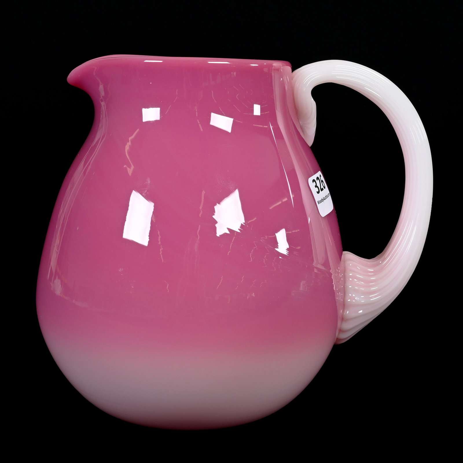 Pitcher, Peachblow Art Glass: Pitcher, Peachblow Art Glass, 6.5" x 6.5", Applied Ribbed Handle, Attributed To New England Glass, Estate Of Dr. Barry and Dee Free.