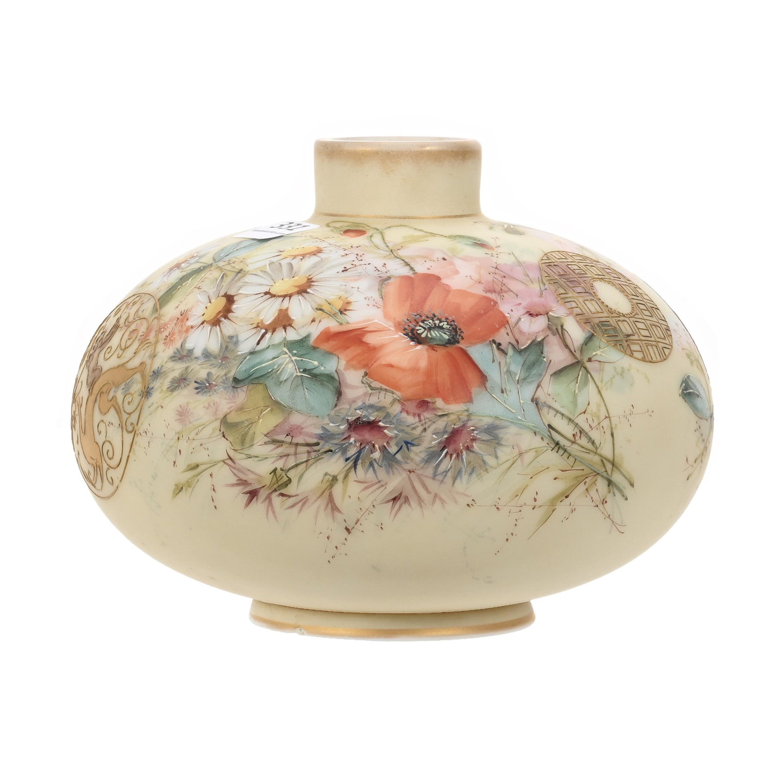 Vase Marked Crown Milano #606 Art Glass: Vase Marked Crown Milano #606 Art Glass, 5" x 6.5", Cream Tones, Colorful Floral Decor, Gold Medallion Highlights, Base Chip, Side Base Chip Polish, Estate Of Dr. Barry and Dee Free.